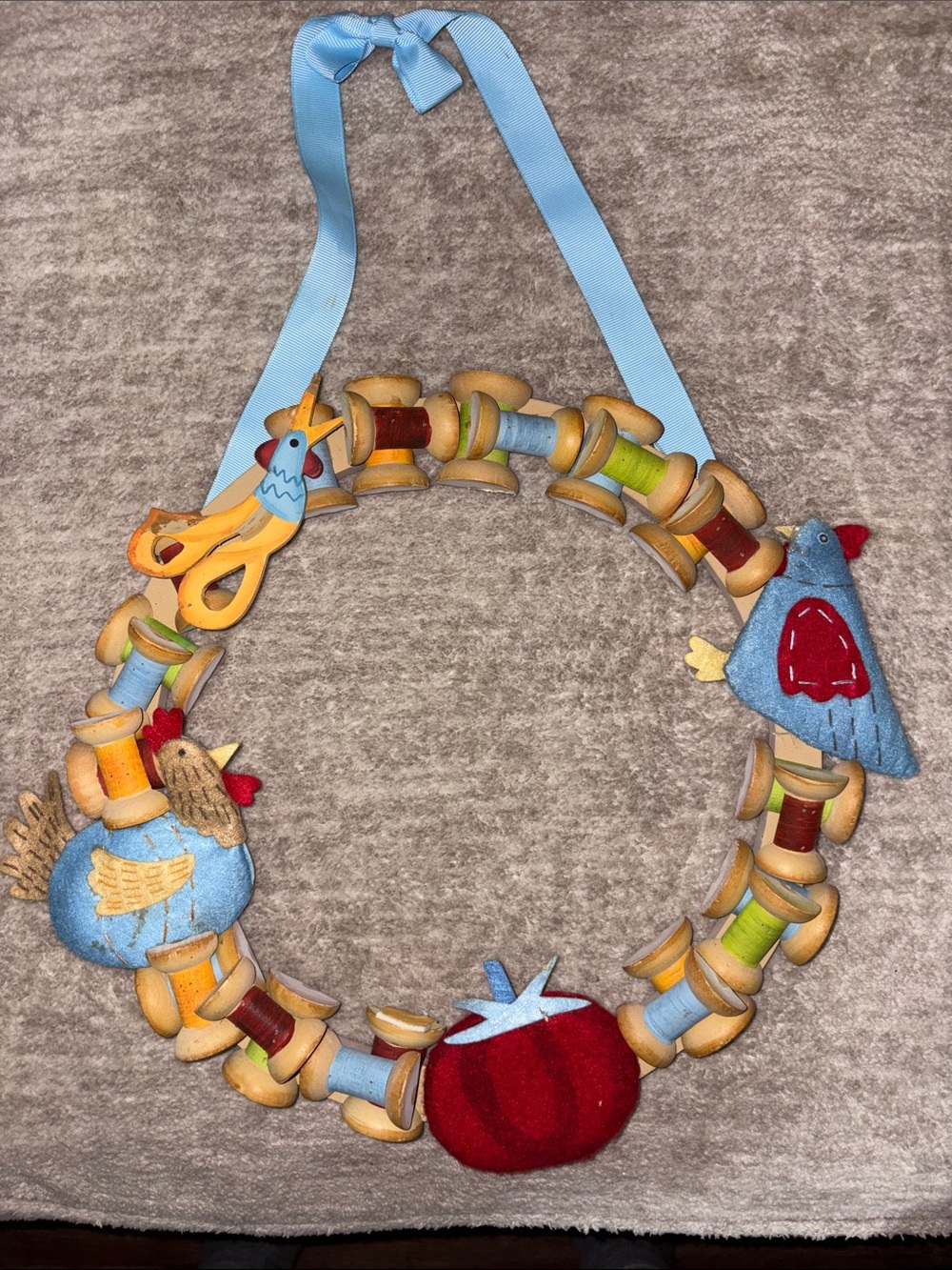 Sewing Fanatic Felt Chicken and Spool Ribbon Cottagecore Wreath - Blue & Red
